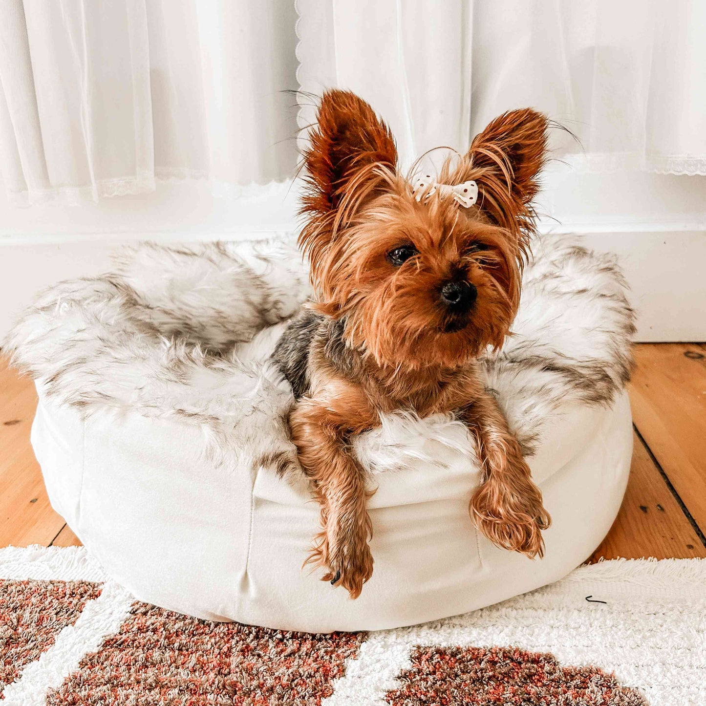 PupPouf™ Faux Fur Donut Dog Bed - White with Brown Accents