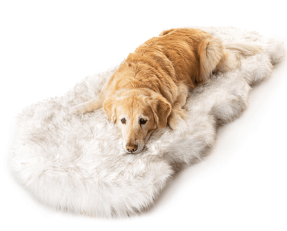 PupRug™ Runner Faux Fur Memory Foam Dog Bed - Curve White with Brown Accents